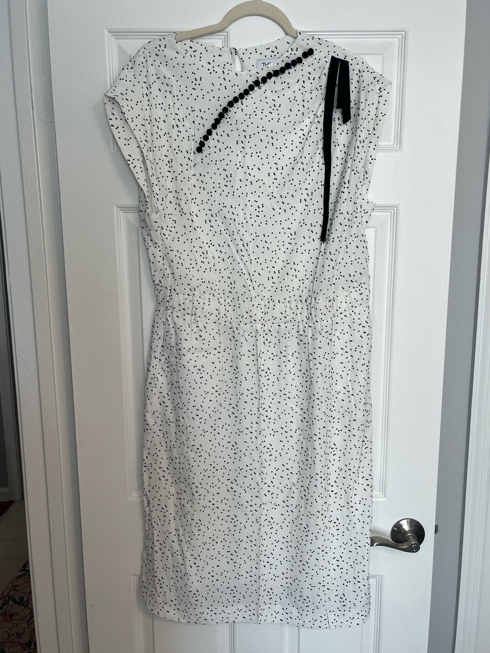 The Fold London White Polka Dot Midi Dress with Black Trim and Shoulder Tie